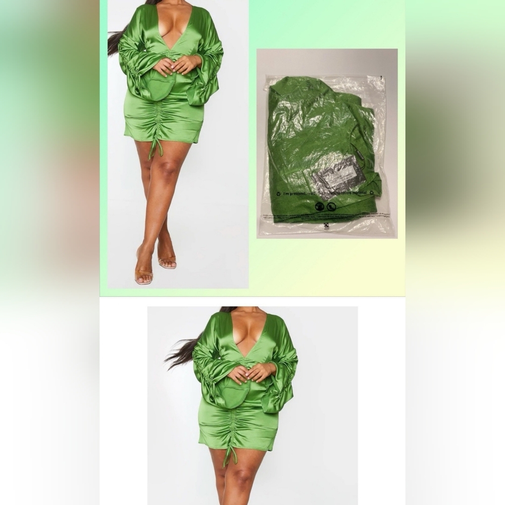 PrettyLittleThing PLUS OLIVE SATIN PLUNGE RUCHED FRONT DRESS